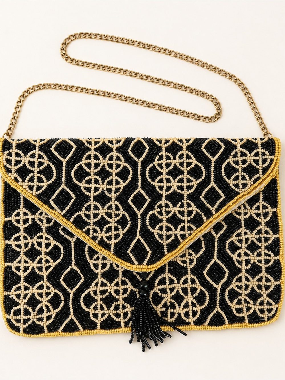 Black & Gold Beaded Envelope Crossbody Bag